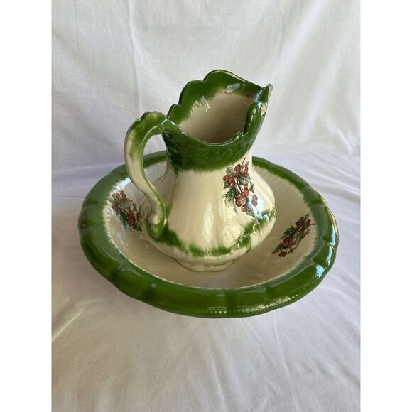 Vintage Iron Stone Wash Bowl/Basin and Vase/Pitcher Set White/Green - Picture 5 of 11